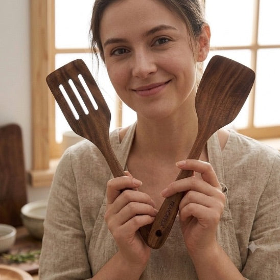 Spatule bois lot de deux en teck naturel
