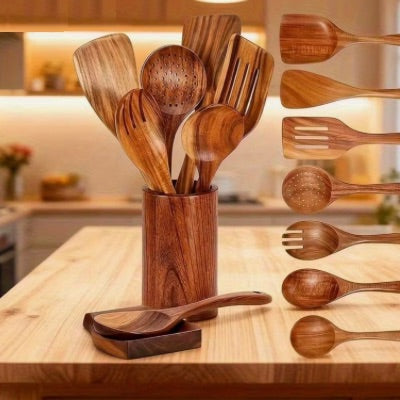 Ustensiles-de-cuisine-set-outils-bois-teck-naturel-pièce-unique