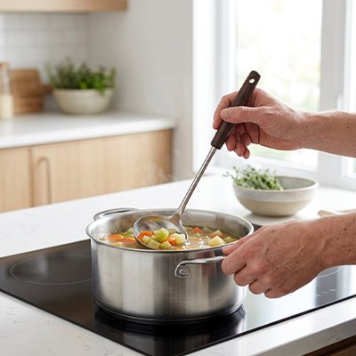 Louche ustensile pour servir les sauces, les bouillons ou les plats mijotés