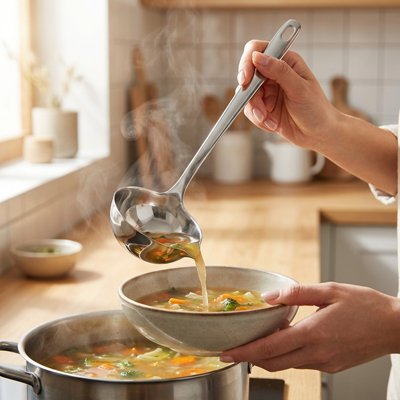 Louche permet d’atteindre plus facilement les recettes dans les casseroles, marmites et récipients profonds